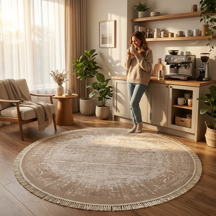 Shafagh Tabriz Round Carpet 500 Reeds Collection Shafagh Code 5604 Cream Beige