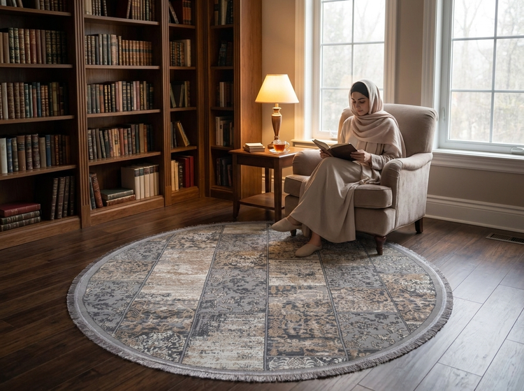 Shafagh Tabriz Round Carpet 500 Reeds Collection Shafagh Code 9248 Gray